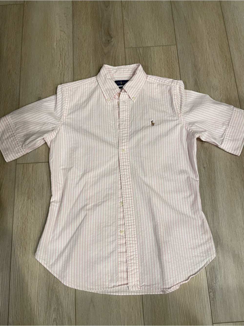 Women’s Ralph Lauren Light Pink & White Striped 3/4 Sleeve Button-Down Shirt